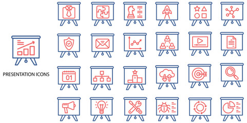 Presentation simple concept 24 color icons set. Contains such meeting, lecture hall, instructor, seminar, presentation .Vector illustration.