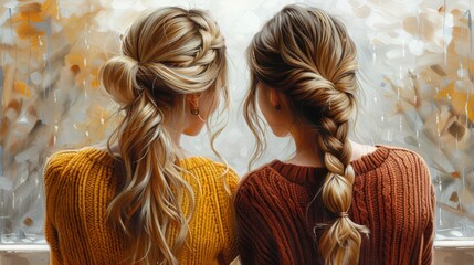 Two women with blonde and brown hair showcase intricate braided hairstyles and cozy knitted sweaters in yellow and brown, against an abstract painted background