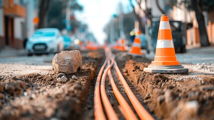 Underground fiber optic cable installation with orange conduits running through the excavated trench in an urban setting for enhanced connectivity
