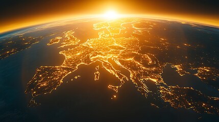 Europe at sunset, city lights glowing.