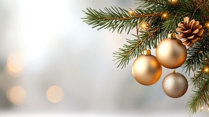 Gold Christmas Ornaments on Pine Branch with Lights