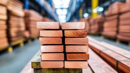 Naklejka premium Copper Cathodes in Warehouse - Stack of copper cathodes in a warehouse, ready for distribution. Industrial metal storage