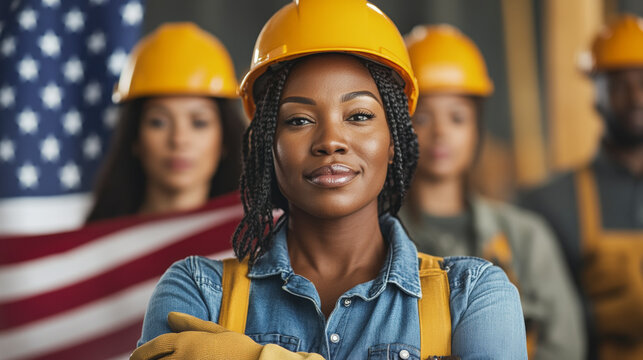 Group of confident construction workers in hard hats with an American flag in the background, projecting teamwork and professionalism.