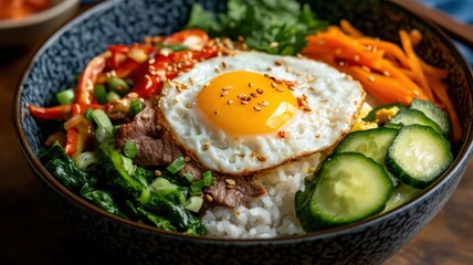 Colorful Bibimbap Bowl with Fried Egg and Beef