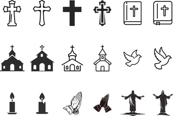 Religious Easter Icon Set – Cross, Church, Bible, Dove, and Prayer Symbols