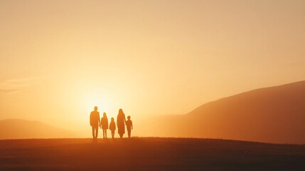 Fototapeta premium Two silhouettes riding camels, golden sunset casting warm light on desert dunes, tranquil scene, perfect for travel themes.