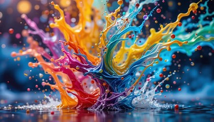 Fototapeta premium Vibrant splash of multicolored paint exploding in mid-air creating an artistic abstract background full of dynamic energy and creativity