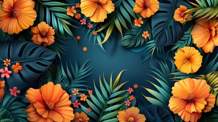 Fototapeta premium Vibrant and Lush Tropical Botanical Arrangement with Bright Orange Hibiscus Flowers and Deep Green Palm and Monstera Leaves on a Rich Teal Background