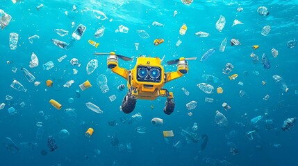 A colorful underwater robot swims through ocean pollution, highlighting the impact of plastic waste on marine life.