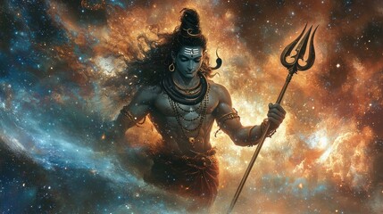 Divine Action Lord Shiva Wielding Trident in Cosmic Realm
