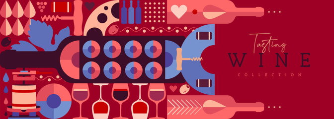 Modern banner or poster with wine bottles and glasses. Restaurant menu design. Wine background. Vector illustration