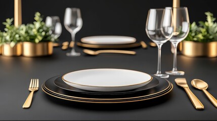 Elegant dining setup with black plates, gold accents, and crystal glasses, surrounded by lush greenery against a dark background.