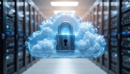 Cloud computing security with a glowing blue cloud inside a futuristic server room representing data storage and online digital protection