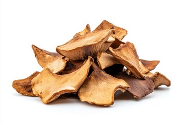 Naklejka premium Dried Jews Ear Mushrooms Pile - Dehydrated Jews ear mushrooms, earthy tones, natural texture, culinary ingredient, gourmet food