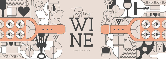 Modern line art banner or poster with wine bottles and glasses. Restaurant menu design. Wine background. Vector illustration