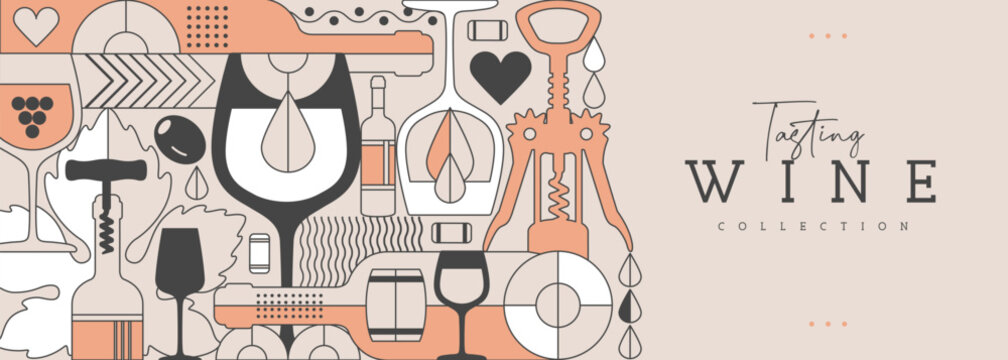 Modern line art banner or poster with wine bottles and glasses. Restaurant menu design. Wine background. Vector illustration