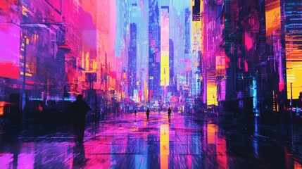 Vibrant Cityscape at Night with Reflections on Wet Pavement, Featuring Futuristic Architecture and Walking Figures, Creating a Dynamic Urban Scene