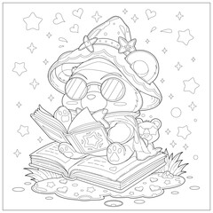 Fantasy cute bear with hat reading book on top of a book. Learning and education coloring page illustration for adult and children. Vector outline style, black and white drawing for various purposes.
