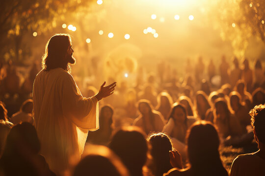 Jesus addresses a large crowd outdoors. His arms are outstretched.