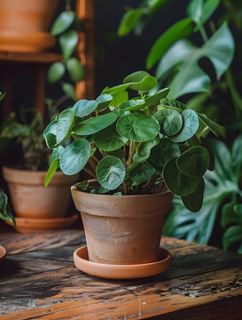 Pilea in a small terracotta pot with a simple saucer, creating a minimalist and stylish indoor plant display.