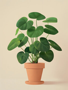 The potted plant is in the center of an empty white background, creating a minimalist and modern botanical aesthetic.