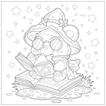 Fantasy cute bear with hat reading book on top of a book. Learning and education coloring page illustration for adult and children. Vector outline style, black and white drawing for various purposes.
