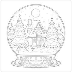 Crystal souvenir in the winter with snow and moon in night. Learning and education coloring page illustration for adult and children. Vector outline style, black and white drawing for various purposes