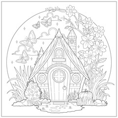 Fantasy tiny house with tree, flower, grass and butterfly. Learning and education coloring page illustration for adult and children. Vector outline style, black and white drawing for various purposes
