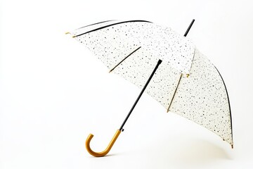 Elegant Polka Dot Umbrella - A stylish umbrella with a white background and small black polka dots, featuring a gold handle and black trim. Perfect for rainy days