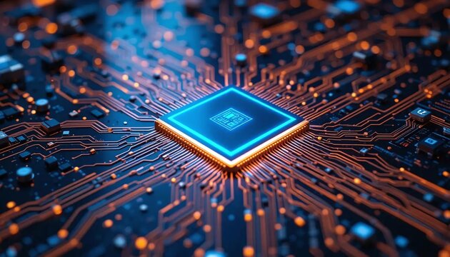 Advanced microchip with glowing blue circuits representing futuristic technology artificial intelligence and high-performance computing innovation