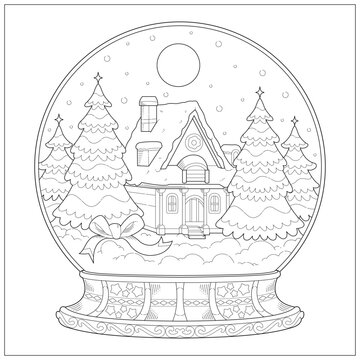 Crystal souvenir in the winter with snow and moon in night. Learning and education coloring page illustration for adult and children. Vector outline style, black and white drawing for various purposes