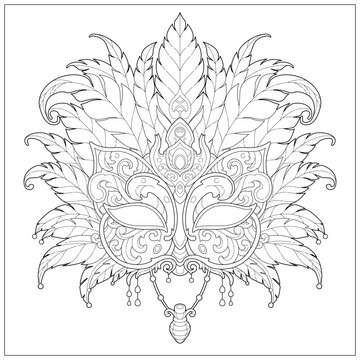 Fantasy masquerade with feather decorative ornament. Learning and education coloring page illustration for adult and children. Vector outline style, black and white drawing for various purposes.
