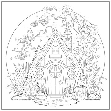 Fantasy tiny house with tree, flower, grass and butterfly. Learning and education coloring page illustration for adult and children. Vector outline style, black and white drawing for various purposes