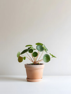 The potted plant is in the center of an empty white background, creating a minimalist and modern botanical aesthetic.