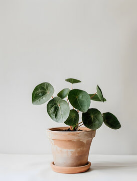 The potted plant is in the center of an empty white background, creating a minimalist and modern botanical aesthetic.