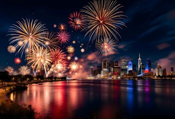 Fototapeta premium Colorful fireworks illuminate skyline during nighttime celebration over the river Generative AI