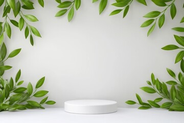 Elegant White Podium with Green Leaves - Clean, minimalist product display. Symbolizes nature, purity, freshness, growth, and serenity