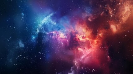 Obraz premium Vibrant ethereal cosmic cloudscape with glowing stars, nebulous formations, and rich gradients of blue, red, and violet colors.