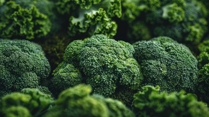 Vibrant green broccoli and kale create a healthy and nutritious display of fresh produce, perfect for a culinary background