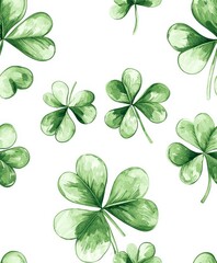 A pattern of vibrant green clovers on a white background, symbolizing luck and nature.