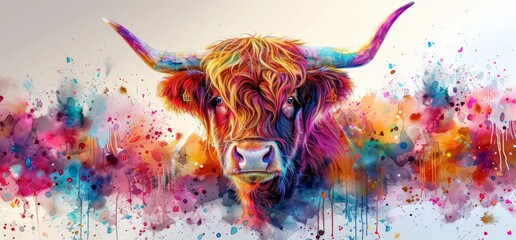 Vibrant highland cattle portrait with rainbow watercolor splashes, majestic horns and textured fur, capturing the essence of nature's beauty