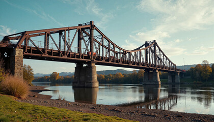 Partially collapsed steel bridge spanning river, urban decay