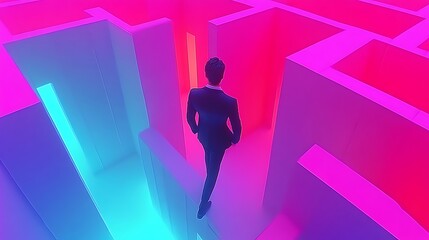 Businessperson navigating a vibrant pink and blue neon maze.