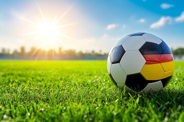 German Soccer Ball Close Up on Grassy Field - Close-up of a soccer ball with the German flag, on a vibrant green field, bathed in sunlight; symbolizing national pride, athletic competition, summer