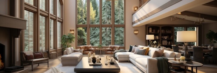 Fototapeta premium Living Room. Modern Illuminated Living Room Interior, Sleek and Stylish Design with Contemporary Furnishings and Bright Lighting, Home Decor Concept with Copy Space. Real Estate Concept. Hotel Concept