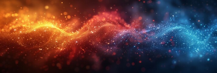 Vibrant panoramic abstract background with dynamic flow of glowing particles in warm orange and cool blue colors creating a visually striking and energetic effect