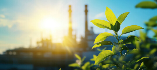 Lush green leaves in the foreground, with a blurred industrial plant in the background, symbolizing environmental contrast.