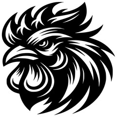 Majestic Rooster Icon: A striking black and white vector illustration of a rooster head, showcasing bold lines, a powerful gaze, and intricate detailing, perfect for logos, emblems.