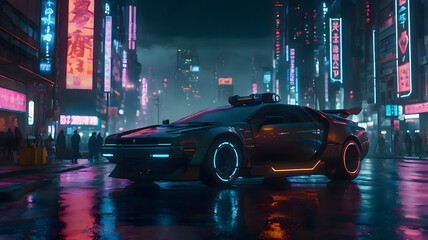 AI Generated Neon Cyberpunk Metropolis at Night with Holographic Billboards