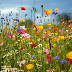 Obraz premium Vibrant Summer Meadow with a Rich Tapestry of Colorful Wildflowers under a Clear Blue Sky, Creating a Sense of Natural Beauty